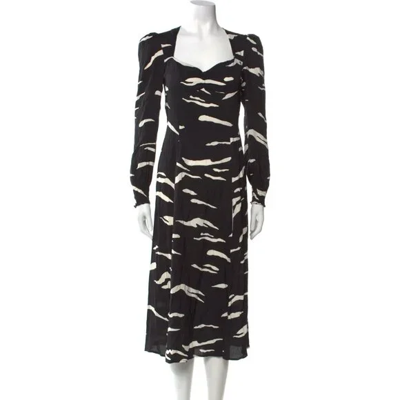 NWT Reformation Wallflower Midi in Mustang Black Ivory Slit Crepe Dress 6 $248